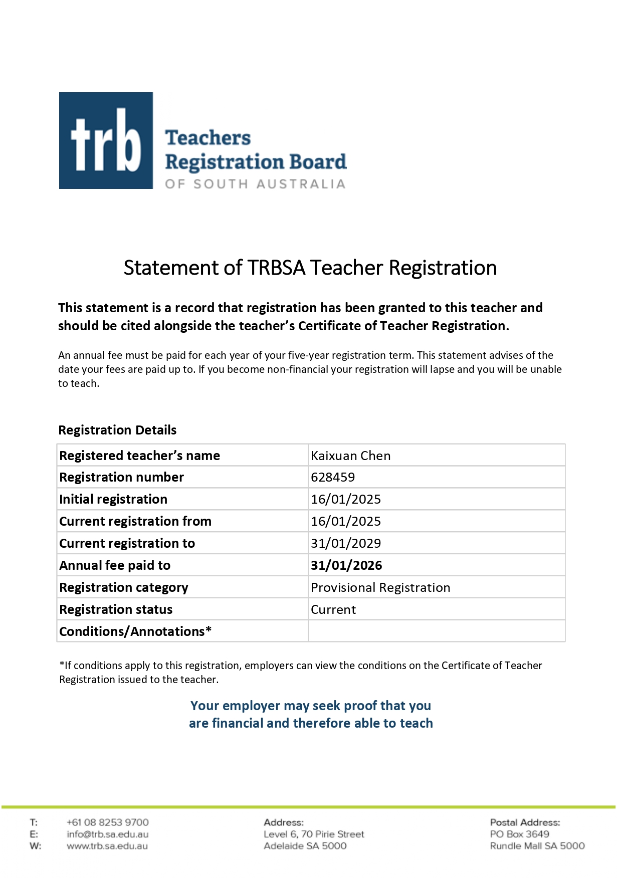 Statement of Teacher Registration